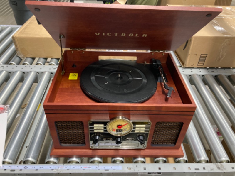 Photo 2 of Victrola Nostalgic 6-in-1 Bluetooth Record Player & Multimedia Center with Built-in Speakers - 3-Speed Turntable, CD & Cassette Player, FM Radio | Wireless Music Streaming | Mahogany Mahogany Entertainment Center