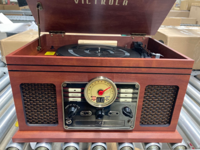 Photo 3 of Victrola Nostalgic 6-in-1 Bluetooth Record Player & Multimedia Center with Built-in Speakers - 3-Speed Turntable, CD & Cassette Player, FM Radio | Wireless Music Streaming | Mahogany Mahogany Entertainment Center