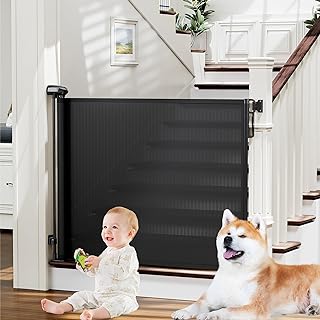 Photo 3 of Cumbor Retractable Baby Gates for Stairs, Extends up to 55" Wide Mesh Dog Gate for The House, 34" Tall Safety Child Gates for Doorways Hallways,Pet Gate Indoor & Outdoor,2 Set of Accessories, Black