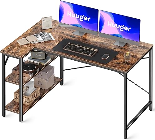 Photo 1 of Huuger L Shaped Computer Desk with Reversible Storage Shelves, Gaming Corner Desk for Home Office, Writing Study Desk with Metal Frame, Rustic Brown