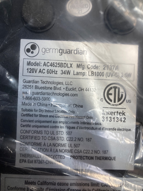 Photo 4 of Germ Guardian Air Purifier with HEPA Filter, Removes 99.97% of Pollutants, Covers Large Room up to 750 Sq. Foot Room in 1 Hr, UV-C Light Helps Reduce Germs, Zero Ozone Verified, 22", Black, AC4625BDLX