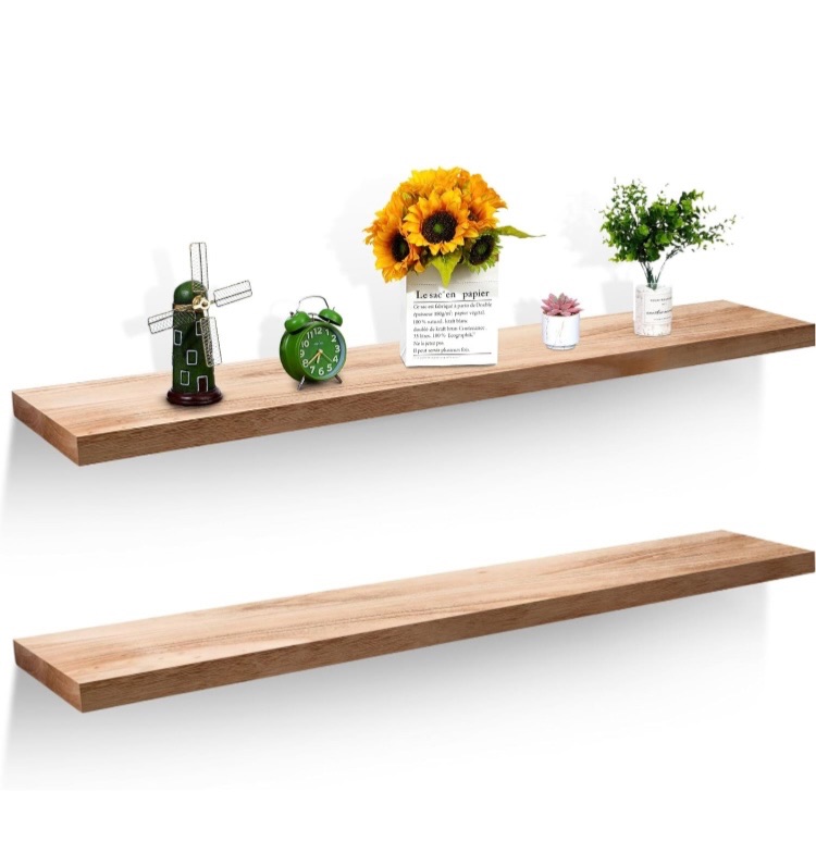 Photo 1 of 2 Pcs 24 Inch Long Floating Wood Shelves Set Wall Mounted Rustic Wood Floating Shelves Floating Shelf Functional Hanging Shelf Wooden Shelve for Wall Bedroom Living Room Kitchen