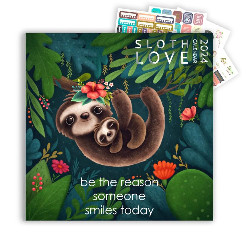 Photo 2 of *** BUNDLE X 6 ** Sloth Calendar 2024 with Sticker Pack, Large 12 x 12 inch Wall Calendar, Mindfulness Wall Calendar, Inspirational Sloth Gift and Sticker Pack