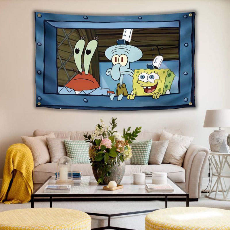 Photo 1 of **8 BUNDLE X 2 ** Cartoon Animal Squidward Sponge Bob Painting Meme Funny Flag 3X5FT Bedroom Tapestry For College Dorm Room Decor Living Room Girl Room Decor,with 4 Brass Grommets for Easy Hanging