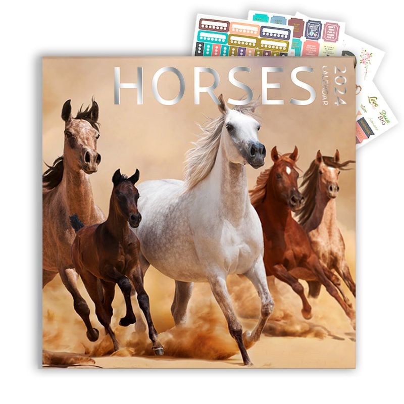 Photo 1 of *** BUNDLE X 2 ** Horses Calendar 2024 with Sticker Pack, Large 12 x 12 inch, Horse Wall Calendar with Sticker Set, Gift for Horse Lovers, Cute Calendar for girls