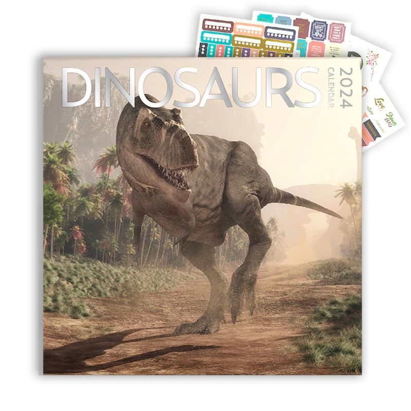 Photo 1 of *** BUNDLE X 2 *** 2024 Dinosaur Large Wall Calendar with Sticker Pack | Large 12" x 24" (Open) Wall Calendar 2024 | Gift for Dinosaur Lovers | Boys Wall Calendar