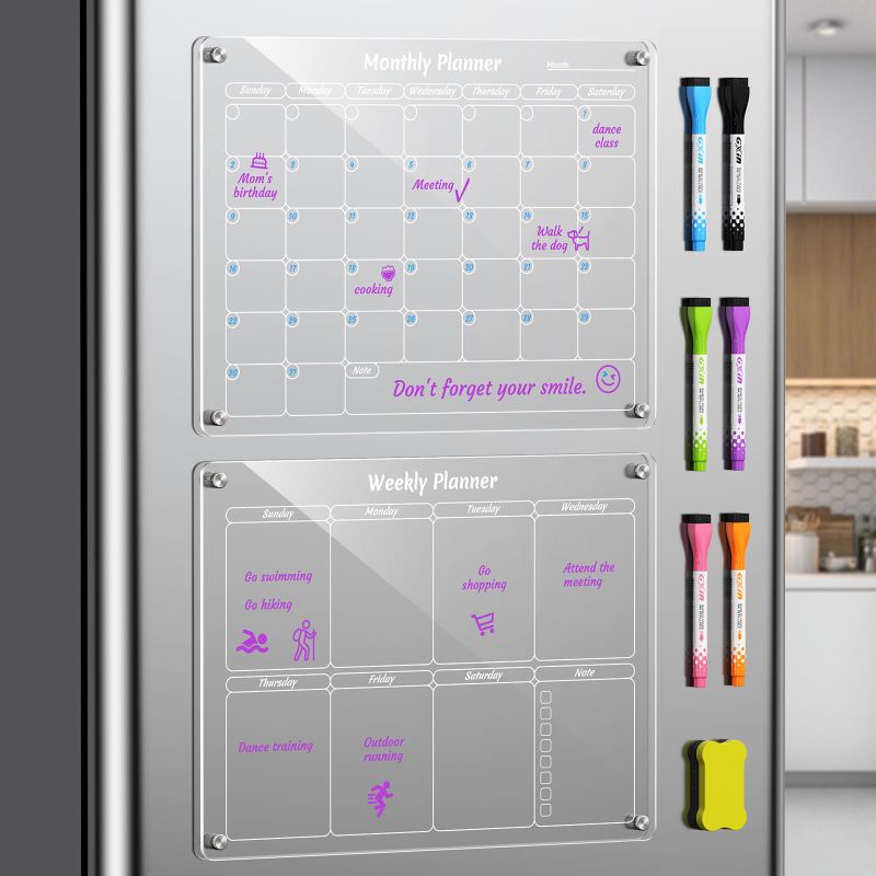 Photo 1 of *** BUNDLE X 3*** Magnetic Calendar for Fridge, Monthly and Weekly Acrylic Calendar for Fridge, 16"x12" Clear Fridge Calendar Dry Erase Magnetic Board for Refrigerator, Includes 6 Dry Erase Markers with 6 Colors