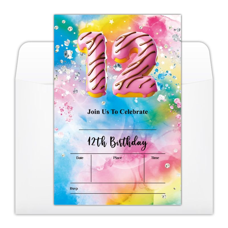 Photo 1 of *** BUNDLE X 2 *** 12th Tie Dye Candy Chocolate Birthday Party Invitations Cards with Envelopes, Rainbow Pink Stars Party Invitations, Birthday Celebration Supplies, Double-sided Fill-in bday Invites for Boys Girls- B08