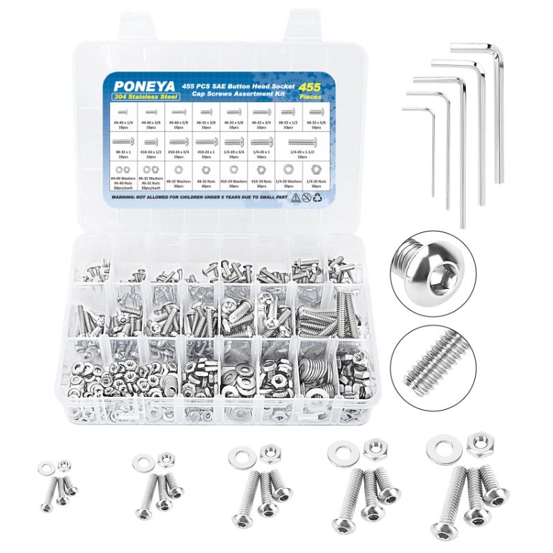 Photo 1 of *** BUNDLE X 2 *** 455 PCS Screws and Bolts Assortment Kit, 304 Stainless Steel SAE #4-40#6-32#8-32#10-24 1/4-20 Hex Socket Pan Head Machine Screws Bolts Flat Washers Assorted with 5 Wrenches & Storage Case Hex Pan Head