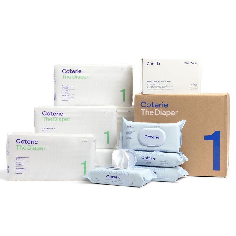 Photo 1 of Coterie Baby Diapers + Wipes Baby Kit, Size 1 (8-12 lbs) 198 Count + 4 Wipe Packs (224 Wipes) Made with Plant-Based Fibers, Hypoallergenic, Designed for Sensitive Skin, Clean Ingredients + 2 pack Size N diapers
