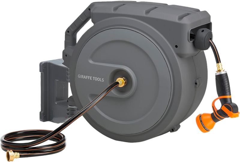 Photo 1 of ***MISSING PARTS*** Giraffe Tools Metal Retractable Hose Reel 130FT Wall Mounted Heavy Duty Hose Reel with 9 Pattern Nozzle 180 Deg Swivel, Metal Bracket Any Length Lock (1/2 130FT PRO, Dark Grey)
