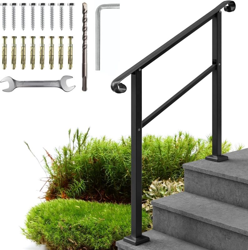 Photo 1 of *** SEE PHOTOS*** Metty Metal Hand Rails for Outdoor Steps - 1 to 3 Step Rails - Wrought Iron Railing, Indoor, Outdoor Stair Railing - Hand Rails for Indoor Stairs, Outdoor Handrail, Easy Install Stair Handrail, Black
