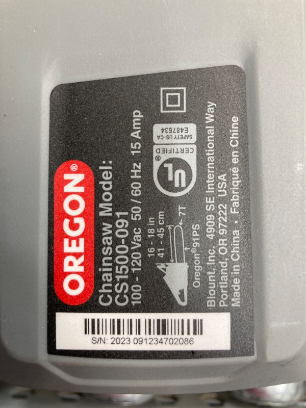 Photo 4 of ***MISSING PARTS*** Oregon CS1500 18 in. 15 Amp Self-Sharpening Corded Electric Chainsaw and Premium Bar and Chain Oil, 1 US Quart Bottle (54-026) with PowerSharp Chain and Stone, 18", Silver Chainsaw + Oil, 1 Qt + PowerSharp Kit