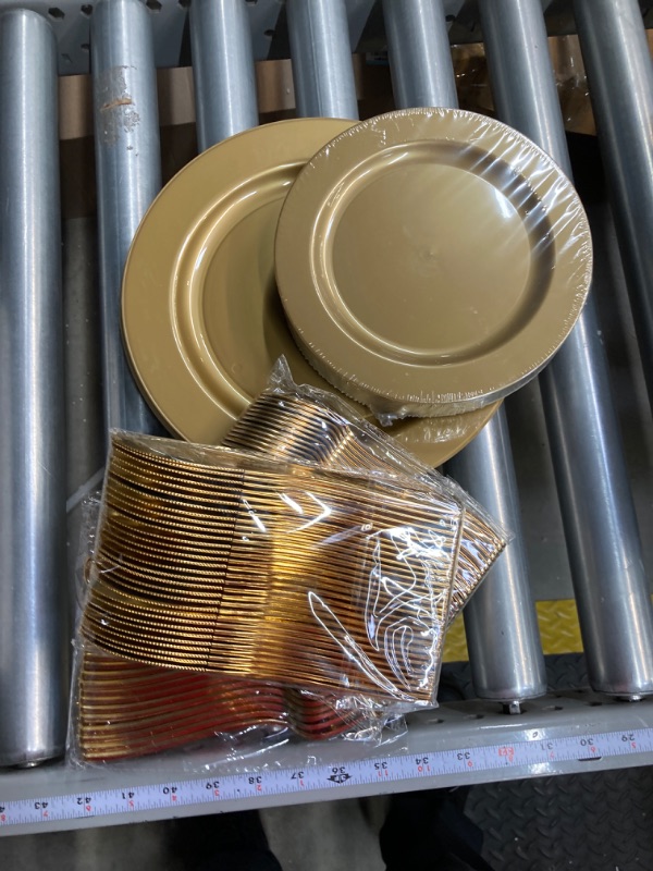 Photo 2 of DaYammi 30Guest Gold Plastic Plates Gold Disposable Plates Gold Plastic Silverware Include 30 Gold Dinner Plates 30 Gold Dessert Plates 30 Fork 30 Knives 30 Spoon 30 Cup for Mother's Day Party