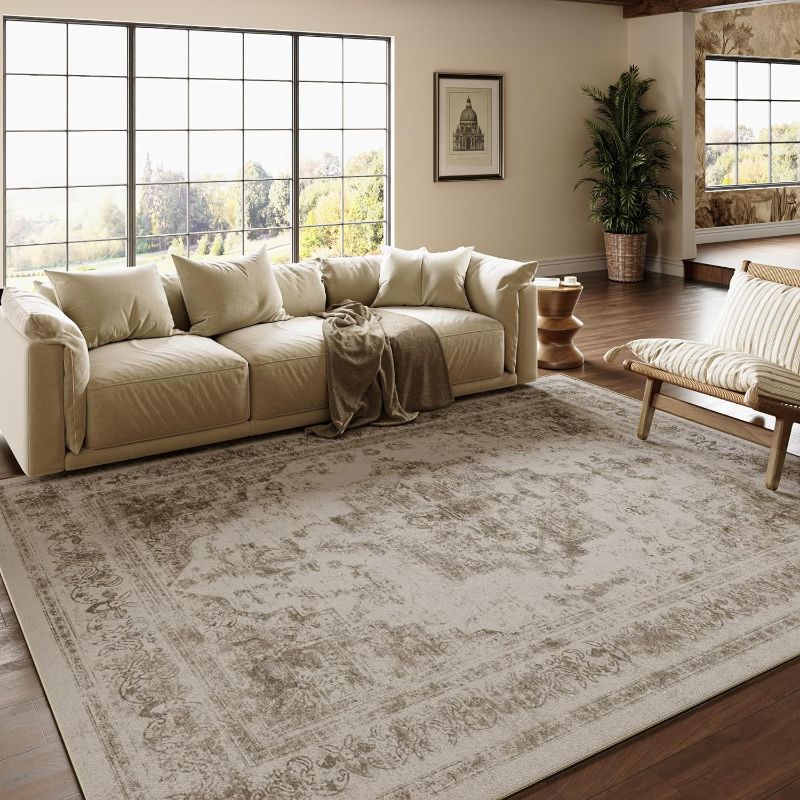 Photo 1 of ***SEE PHOTOS FOR PATTERN*** Jinchan Area Rug 9x12 Indoor Bedroom Rug Taupe Vintage Medallion Washable Living Room Carpet Retro Accent Throw Rug Distressed Rug for Office Dining Room