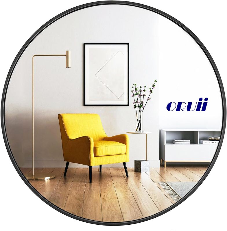 Photo 1 of ***MINOR DAMAGE*** oruii Round Mirror, Black Round Mirror 24 inch, Round Wall Mirror Metal Frame, Round Bathroom Mirror, Circle Mirrors for Wall, Living Room, Bedroom, Vanity, Entryway, Hallway.
