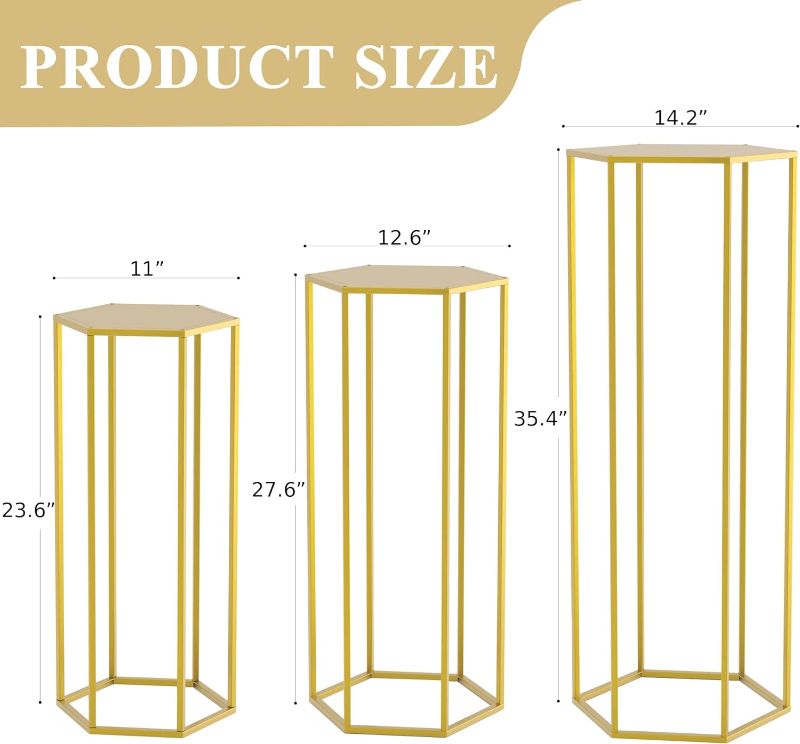 Photo 1 of Wokceer Hexagon Pedestal Stand Cylinder Stands for Party 35.43" Set of 3 Nesting Display Cylinder Tables for Parties Wedding Living Room Patio Decor Gold