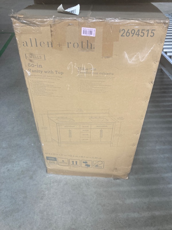 Photo 4 of allen + roth Kennilton 60-in Gray Oak Undermount Double Sink Bathroom Vanity with White Carrera Engineered Stone Top
******(FACTORY SEALED)******