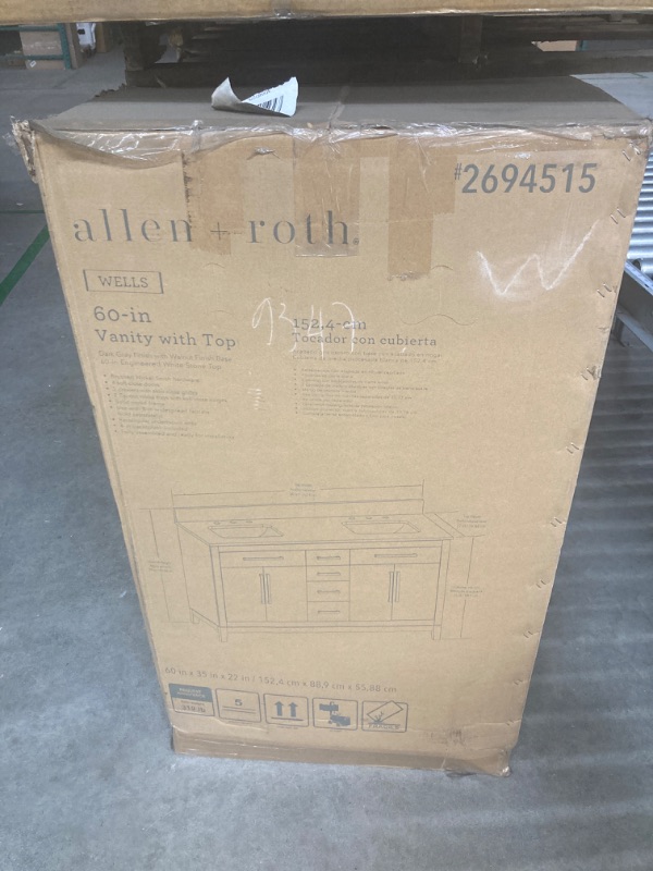 Photo 2 of allen + roth Kennilton 60-in Gray Oak Undermount Double Sink Bathroom Vanity with White Carrera Engineered Stone Top
******(FACTORY SEALED)******