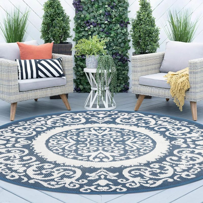 Photo 1 of *** SEE PHOTOS FOR DESIGN*** Homcomoda Round Outdoor Rugs for Patio 8ft Waterproof Clearance Reversible Patio Rugs Lightweight Outdoor Rugs Plastic Straw Rugs Portable RV Camping Rug Mat for Outdoor Porch Beach BBQ Beach Backyard
