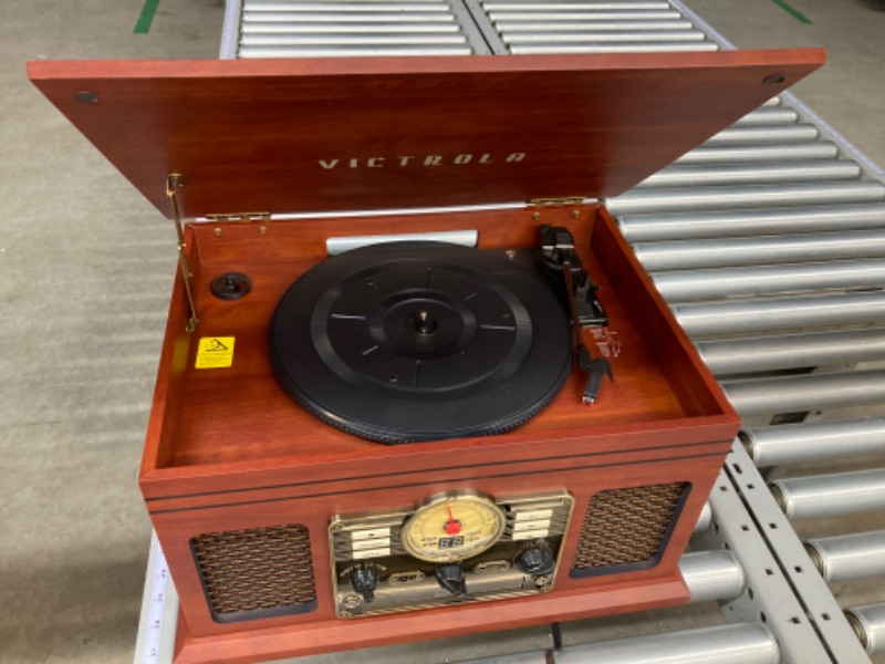 Photo 7 of Victrola Nostalgic 6-in-1 Bluetooth Record Player & Multimedia Center with Built-in Speakers - 3-Speed Turntable, CD & Cassette Player, FM Radio | Wireless Music Streaming | Mahogany Mahogany Entertainment Center