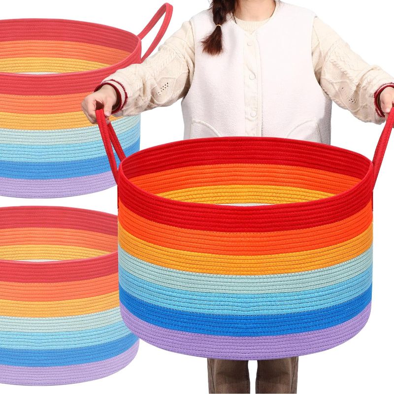 Photo 1 of 2 Pcs 22 x 14 Inch Storage Large Rainbow Basket Rope Toy Basket for Baby Kids Basket Rainbow Storage Bins Playroom Decoration Laundry Storage Organizer Hamper for Baby Rainbow Nursery Blanket