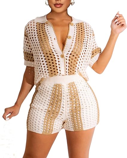 Photo 1 of Ekaliy Crochet Sets Two Piece Women Long Sleeve Knit Button Down Shirt and Short Sets