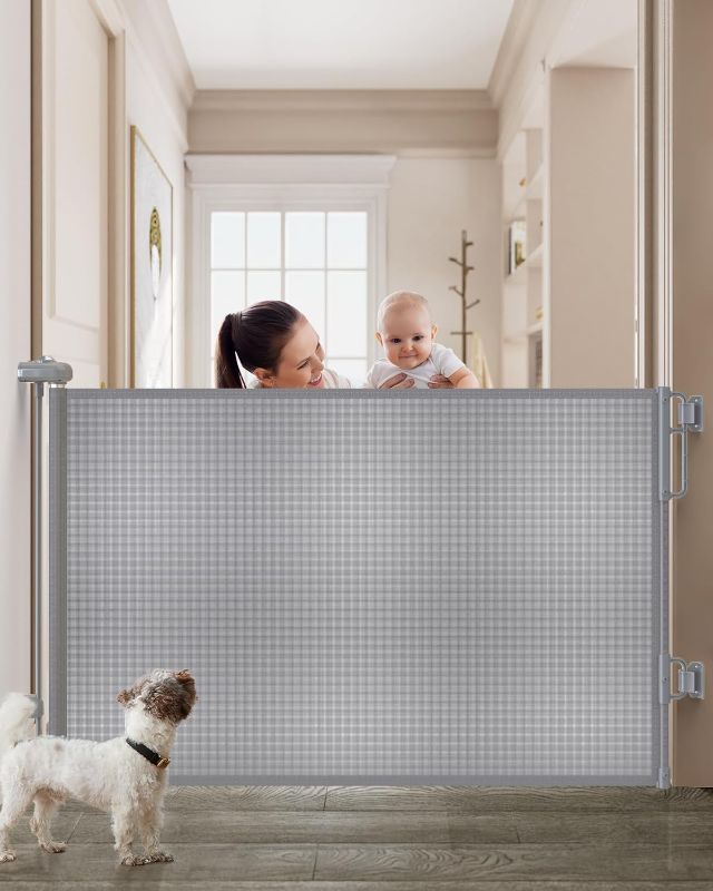 Photo 1 of  Retractable Baby Gates for Stairs, Family & Mom's Choice Awards Winner-Extends up to 55" Wide Mesh Dog Gate for The House, 34" Tall Child Gates for Doorways,Pet Door Indoor & Outdoor, Gray