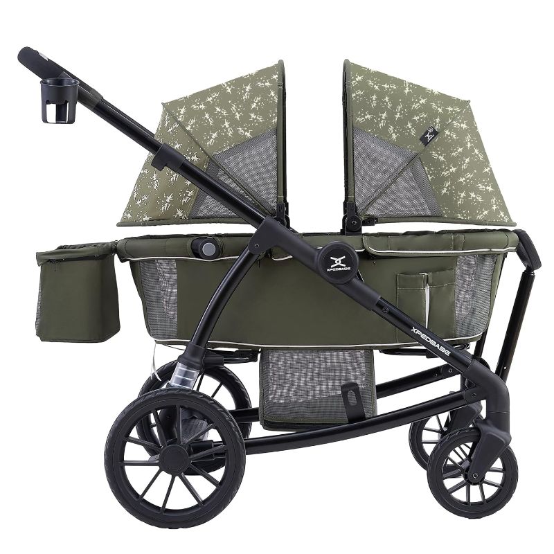 Photo 1 of All-Terrain Wagon Stroller for Two Kids, Double Stroller with Push or Pull Handle, Canopy, Storage Basket, Dinner Plate, Oversized Damping Wheels, Mosquito Net and Rain Cover?Green?
