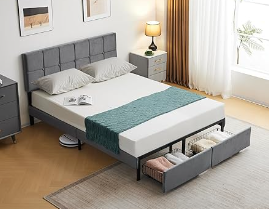 Photo 1 of ***SEE NOTES*** Karl home Upholstered Bed Frame Queen, Bed Frame with Headboard, Bedframe Upholstered Bed with 2 Drawers, No Box Spring Needed, Dark Grey
