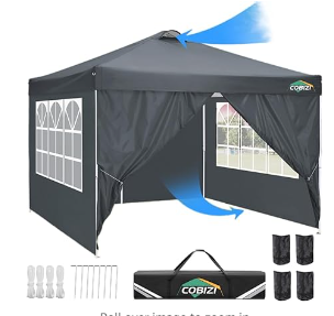 Photo 1 of COBIZI 10x10 Ez Pop Up Canopy Tent with 4 Sidewalls, UPF 50+Waterproof Outdoor Canopy with Air Vent, Instant Portable Camping Canopies Gazebo for Commercial Sun Shade Party, 4 Sandbags(Grey)
