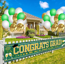 Photo 1 of 33Pcs Green and Gold Graduation Yard Sign Banner Party Decorations 2024 Large Congrats Grad 2024 Graduation Banner With Balloons for Class of 2024 Decorations
