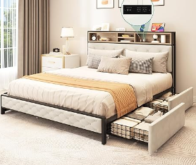 Photo 1 of ***ITEM IS SIMILAR BUT NOT EXACT***  YITAHOME Queen Size Bed Frame with 4 Storage Drawers, Platform Bed Frame with USB Charging Station and Upholstered Headboard, Easy Installation, No Box Spring Needed, Beige
