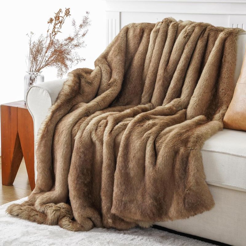 Photo 1 of  Luxury Ochre Faux Fur Throw Blanket, Soft Cozy Mink Fur Blanket for Couch, Sofa, Bed, Plush Warm Fuzzy Fall Fur Throw and Blankets for Home Decor,