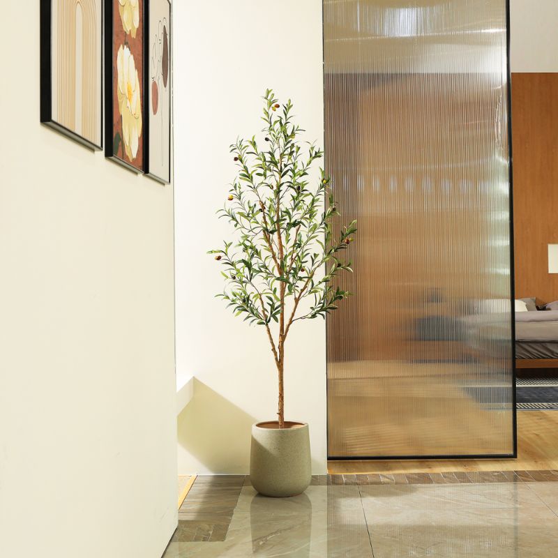 Photo 1 of 6FT Artificial Olive Tree with Fruits and Wood Branches, Plant in Black Plastic Pot. DR.Planzen