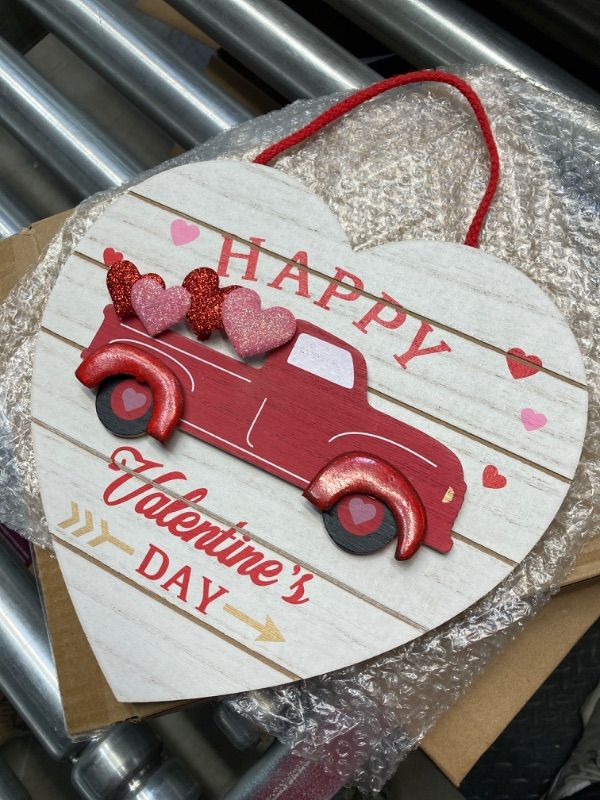 Photo 2 of Eternhome Valentine's Day Sign Truck Love Heart Decorations Happy Valentine's Day Hanging Sign Wooden Shiny Red Loving Décor Vintage Home Sign Rustic Front Door Romantic Gift for Lover