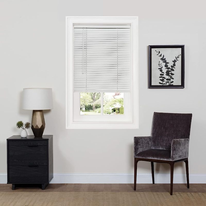 Photo 1 of 2 Pre-Cut 32 in. W x 64 in. L Cordless Light Filtering White Vinyl Mini Blind with 1 in. Slats
