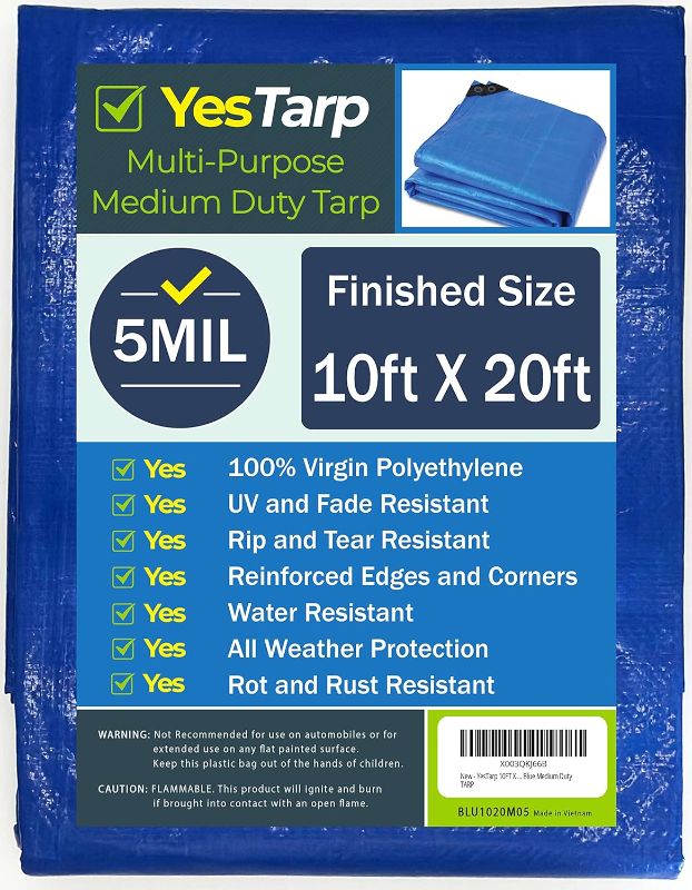 Photo 1 of 10FT X 20FT Blue Medium Duty TARP, Multipurpose Waterproof, Poly tarp, Protective Cover, Rust Proof Polycarbonate Grommets, All Weather, Durable, 5 mil, Reinforced Edges