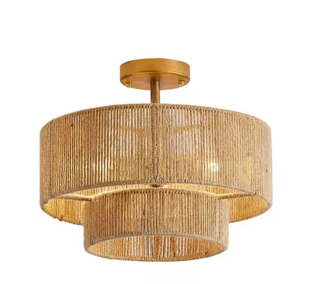 Photo 1 of 15.4 in. 3-Light Bohemian Antique Gold 2-Tier Drum Semi- Flush Mount with Natural Jute Rope Shade
