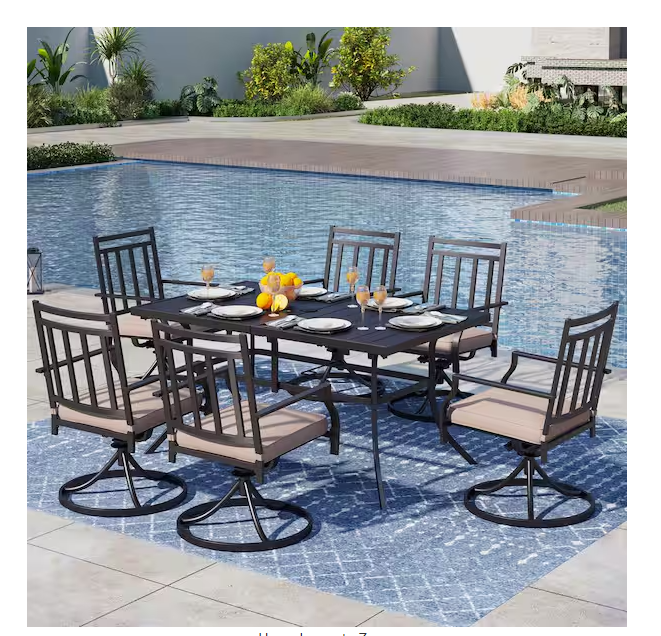 Photo 1 of 7-Piece Metal Rectangular Outdoor Dining Set with Beige Cushions