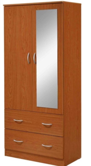 Photo 1 of HODEDAH 2 Door Wood Wardrobe Bedroom Closet with Clothing Rod Inside Cabinet, 2 Drawers for Storage and Mirror, Cherry