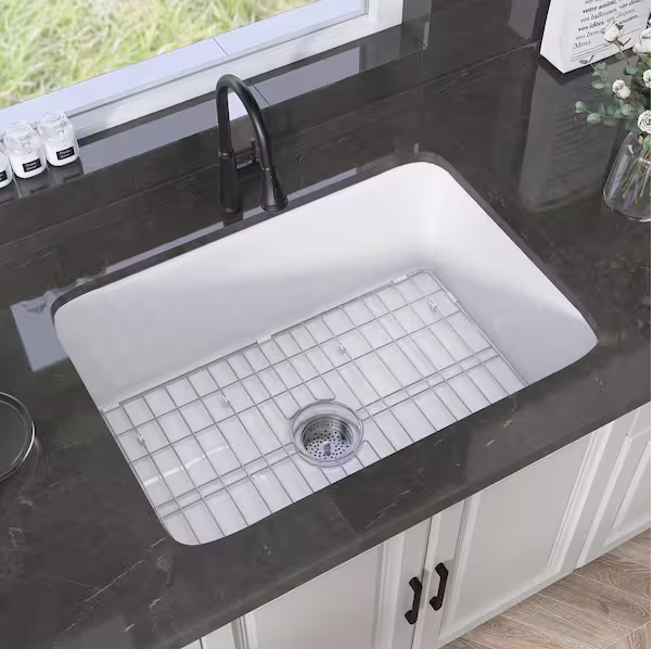 Photo 1 of 27 in. Drop In Sink White Single Bowl Kitchen Sink Fireclay Farmhouse Sink with Basin Rack Undermount Kitchen Sink