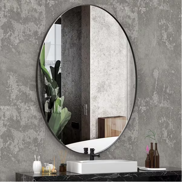 Photo 1 of 24 in. W x 36 in. H Large Oval Mirror Stainless Steel Framed Mirror Wall Mirrors Bathroom Vanity Mirror in Brushed Black