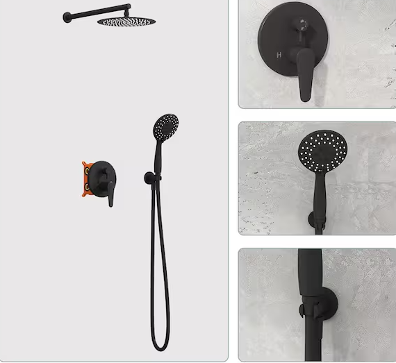 Photo 1 of 5-Spray Patterns with 2.5 GPM 10 in. Wall Mount Dual Shower Heads Hand Shower Faucets with Valve in Matte Black