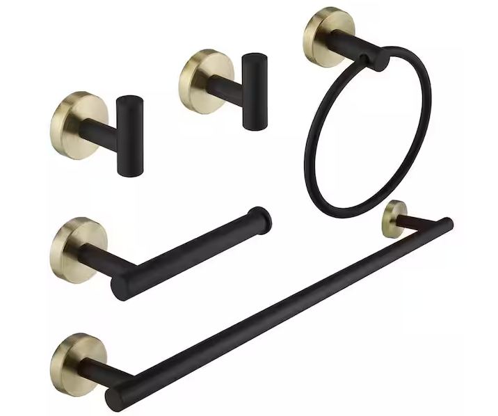 Photo 1 of 5-Piece Bath Hardware with Towel Bar Towel Hook Toilet Paper Holder and Towel Ring Set in Black Gold