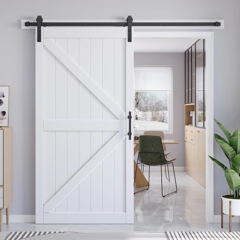 Photo 1 of ***MISSING ASSEMBLY HARDWARE, ONLY DOOR*** ROYMELO 36x84 Inch White Sliding Barn Door Slab and 7ft Hardware Kit Included, K-Frame, MDF Wood Panel Covered with Water-Proof Scratch-Proof PVC Surface,...