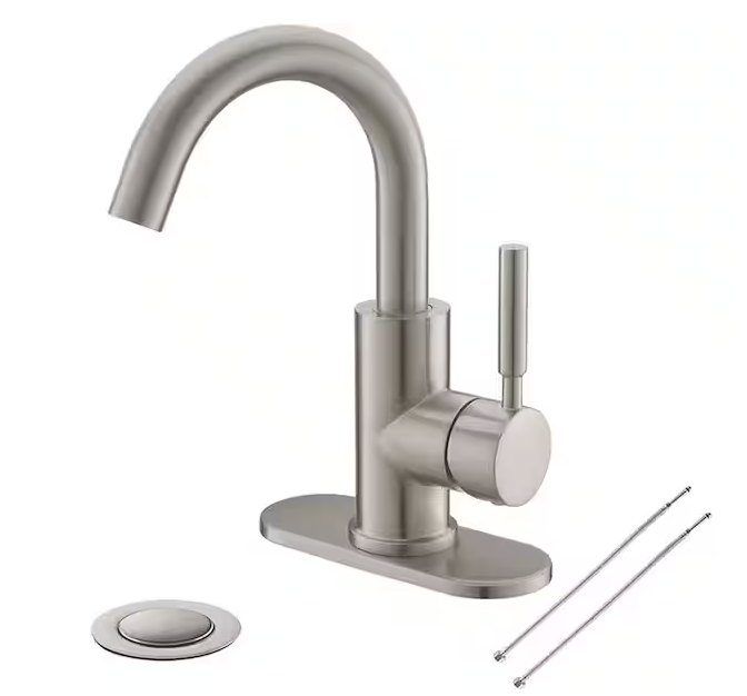 Photo 1 of 4 in. Single-Handle Bathroom Sink Faucet with Deck Plate and Metal Drain, 360-Degree Rotation Spout in. Brushed Nickel