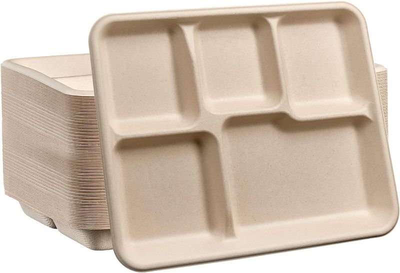 Photo 1 of [500 Pack] 5 Compartment Trays, 100% Compostable Paper Plate tray, School Bagasse Lunch trays, Buffet, and Party, Disposable trays with 5 compartment, Biodegradable, White (4821011)