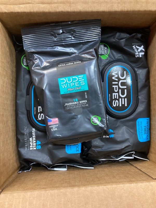 Photo 3 of DUDE Wipes - Flushable Wipes - Unscented 8 Pack + Mint Travel Pack, 402 Wipes - Extra Large Dispenser Wet Wipes with Vitamin E & Aloe For Men - Septic and Sewer Safe Fragrance Free 48 Count (Pack of 8)