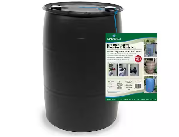 Photo 1 of DIY Rain Barrel Bundle with Diverter System 55 Gal. Black Plastic Drum